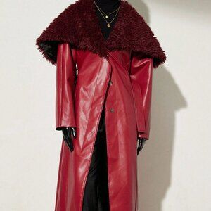 Red Elegant Women's Faux Leather Patchwork Jacket w/Cinched Waist and Tie Design